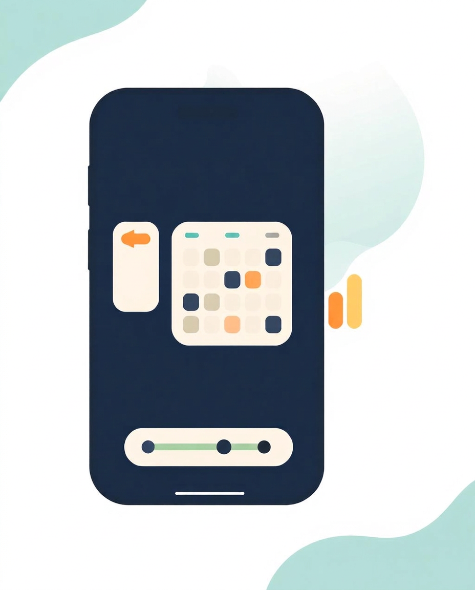 Illustration of the family portal on a phone, showing a class calendar, autopay toggle, and balance summary