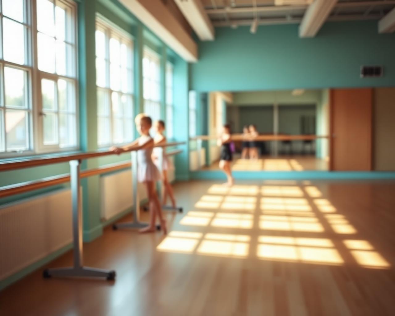 Sunlit dance studio with young dancers at the barre and light across the wood floor